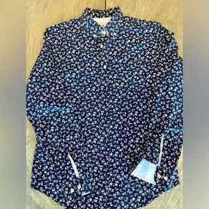 Banana Republic Medium Luxe Poplin Shirt Navy w/White Floral Pattern Slim Fit